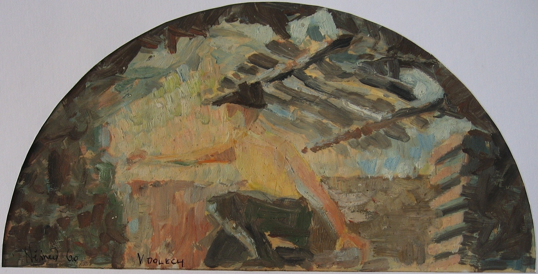 1960 - 012 - 0590 -vyzdívání nad dveřmi v dolech - luneta 28x14 tempera