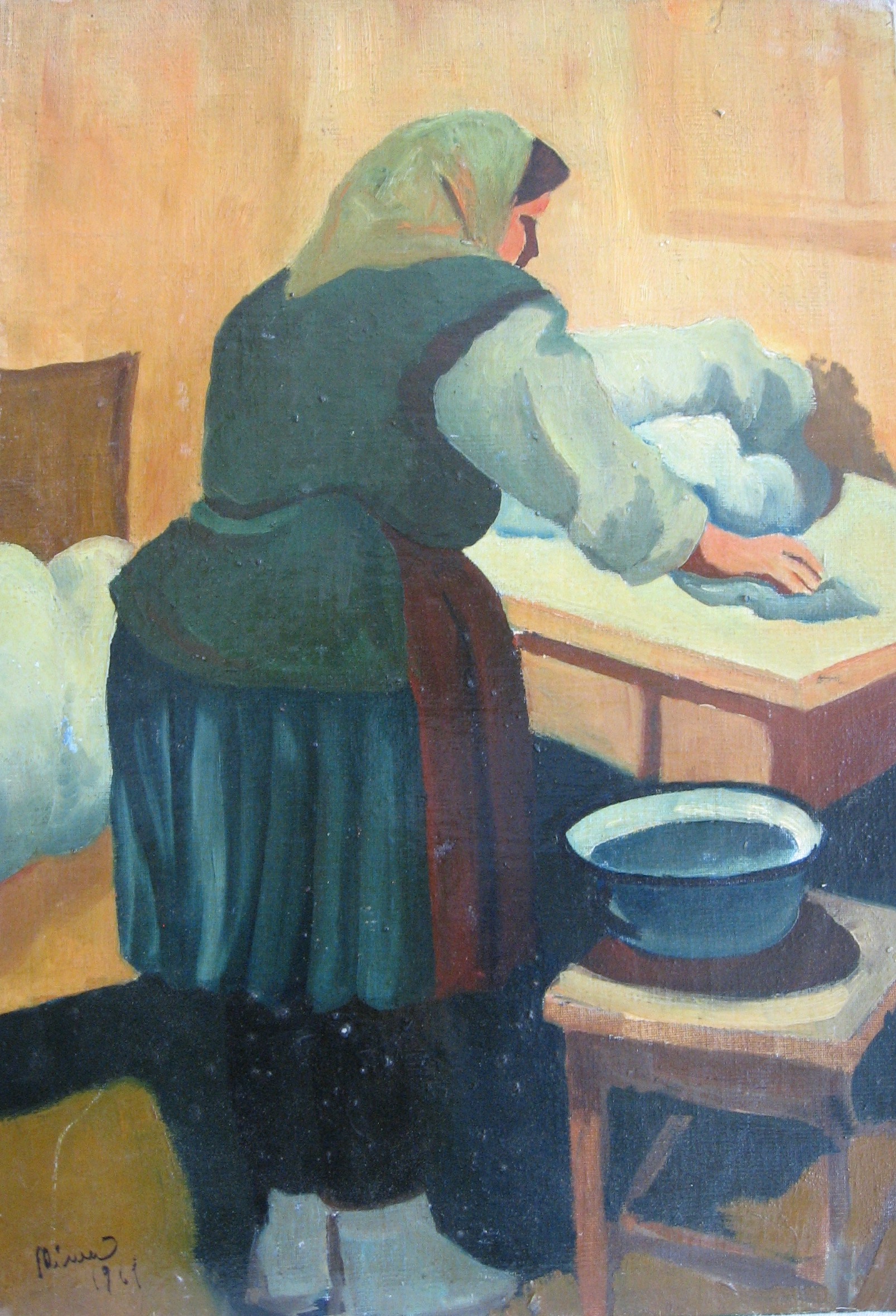 1961 - 005 - 0048 -   Matka připravuje prádlo na praní - plátno - olej 35x50