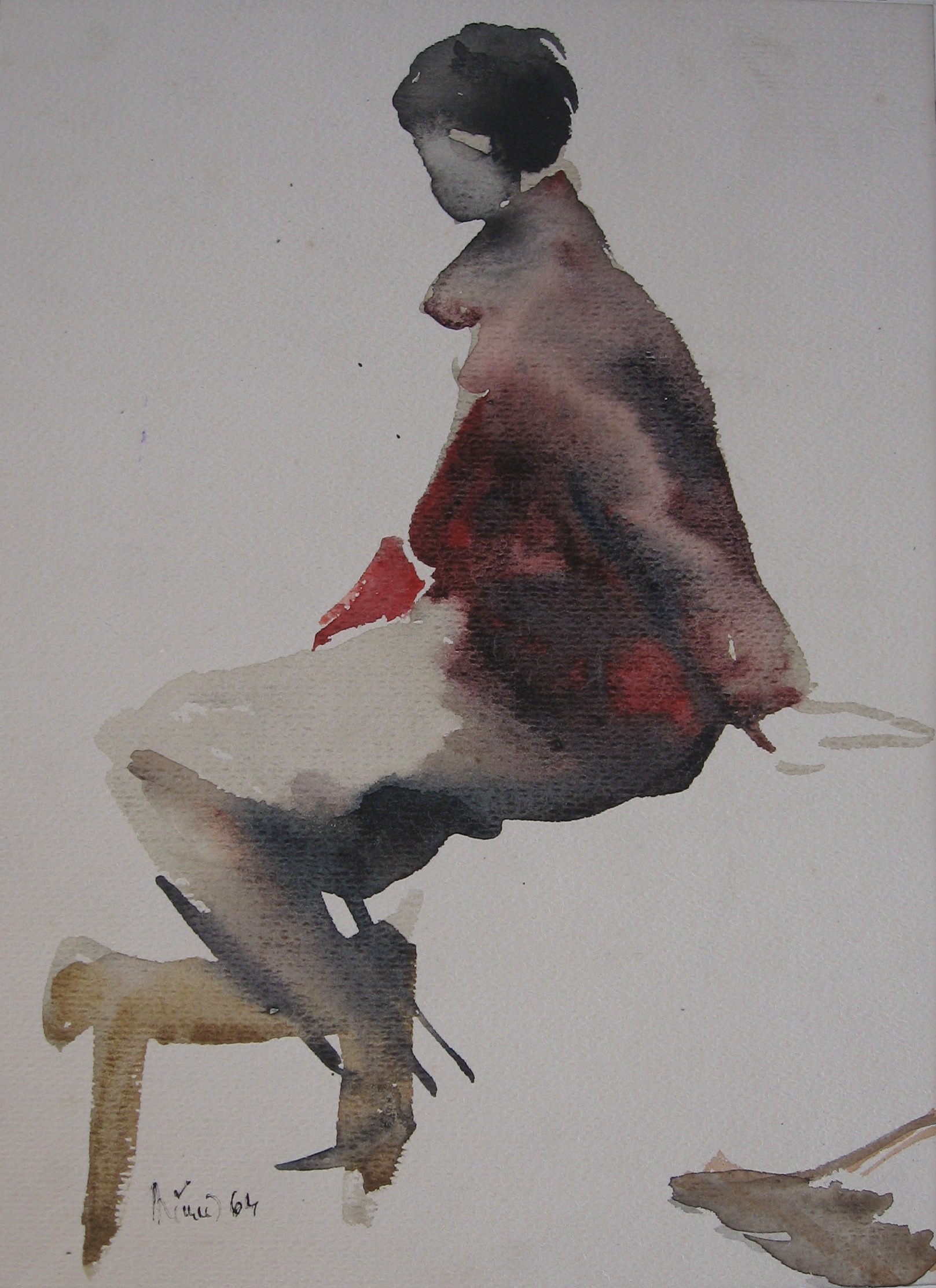 1964 - 009 - 0549 - děvče model 19,5x27 - akvarel