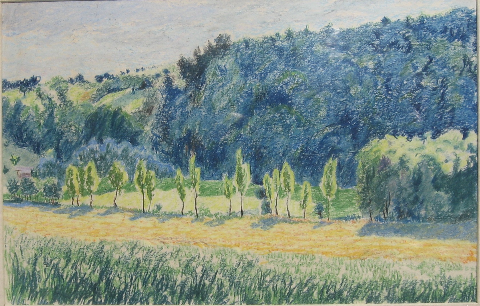 1971 - 001 - Kudlovice Dolina - pohled na protější stráň z naší chaty - pastel 56x36